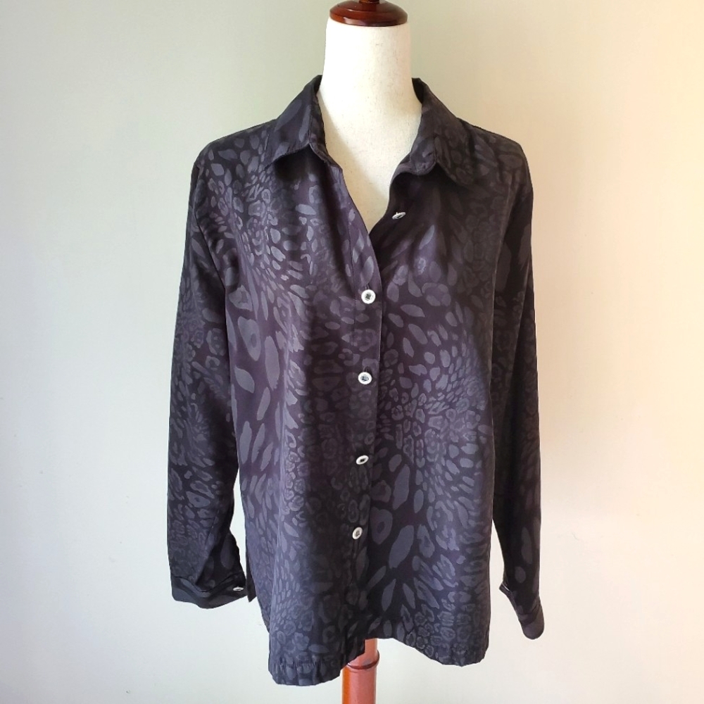 Black Animal Print 90s Vintage Button Down Blouse Size Large